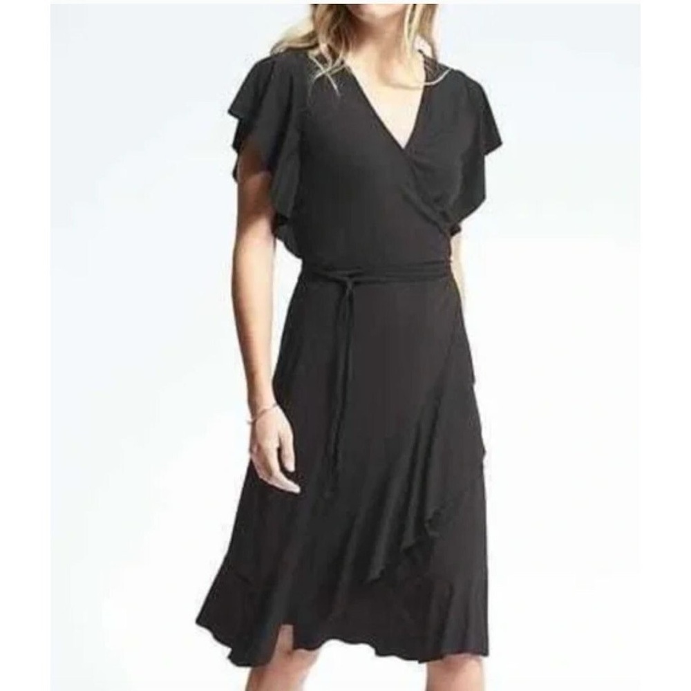 Banana Republic Silky Short Sleeve Wrap Dress Black Ruffle